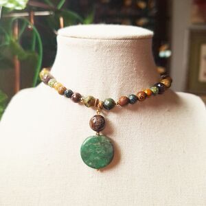 Woodland Gemstone Beaded Pendant Choker Necklace - Serpentine, Jasper, & Unakite